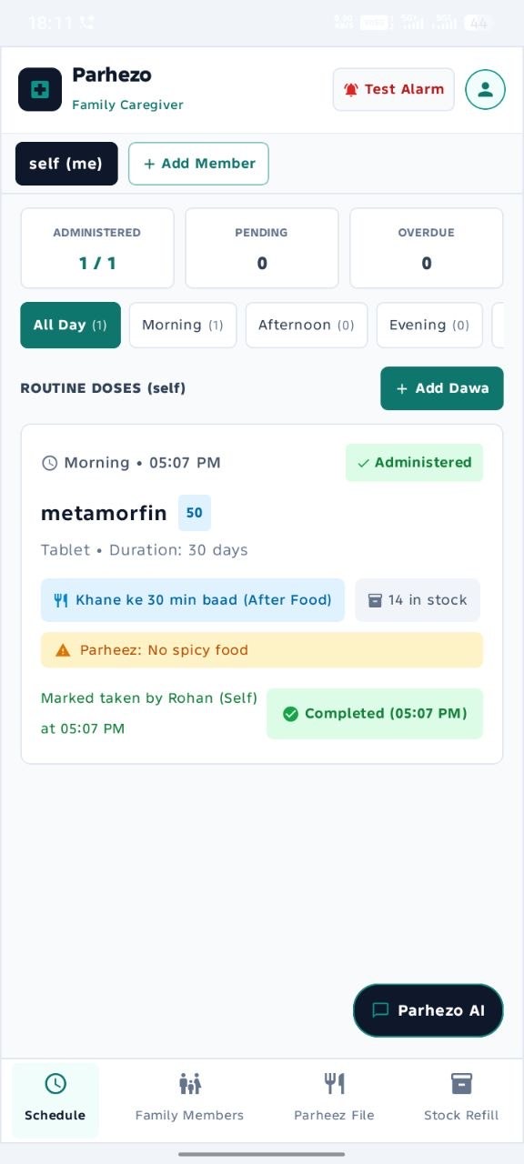 Parhezo dose schedule on a phone