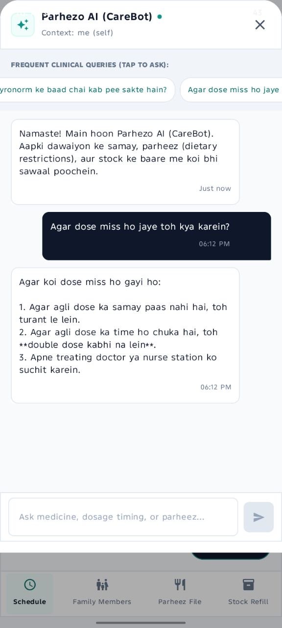 Parhezo AI CareBot chat drawer answering a dose question